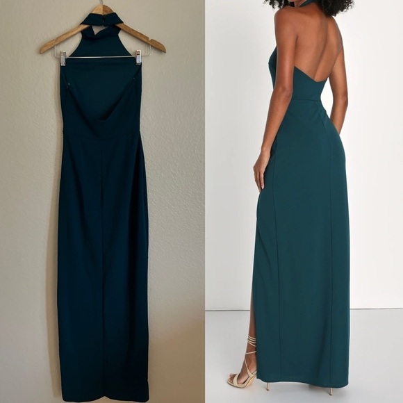 NWOT Remarkable Elegance Teal Backless Halter Column Maxi Dress - Picture 3 of 8